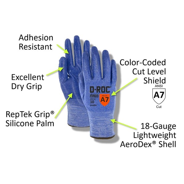DROC AeroDex Lightweight 13Gauge RepTek Grip Silicone Palm Coated Glove  Cut Level A7